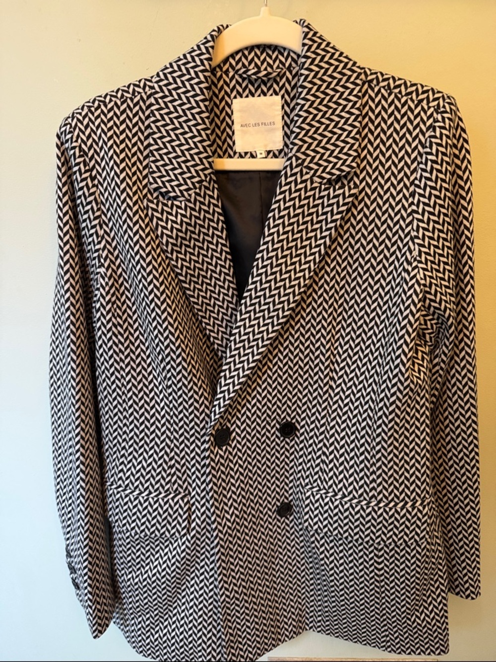 Avec Les Filles Black & White Herringbone Double-Breasted Blazer